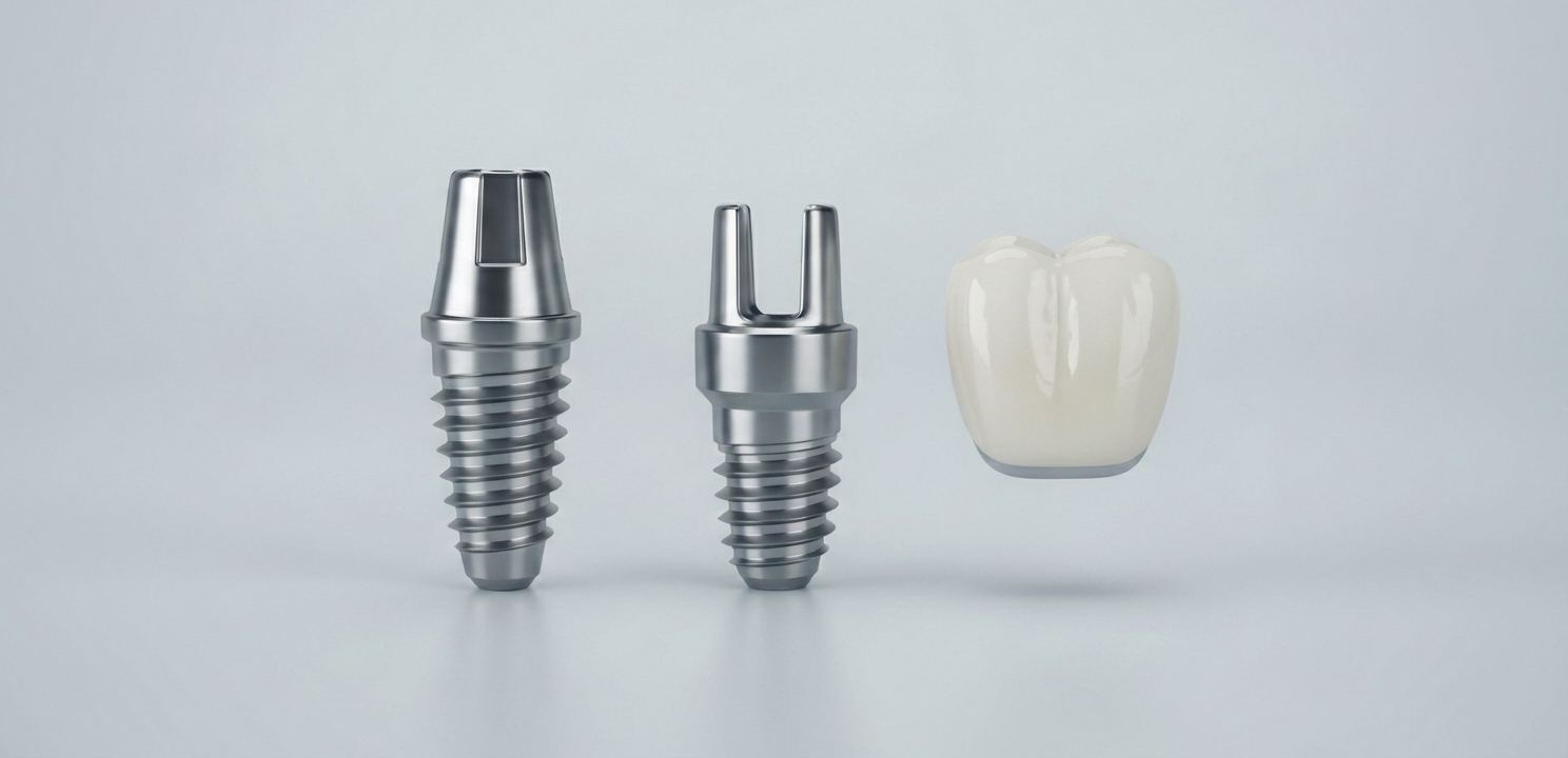 Dental Solution for Missing Teeth includes a post, abutment, and custom crown.