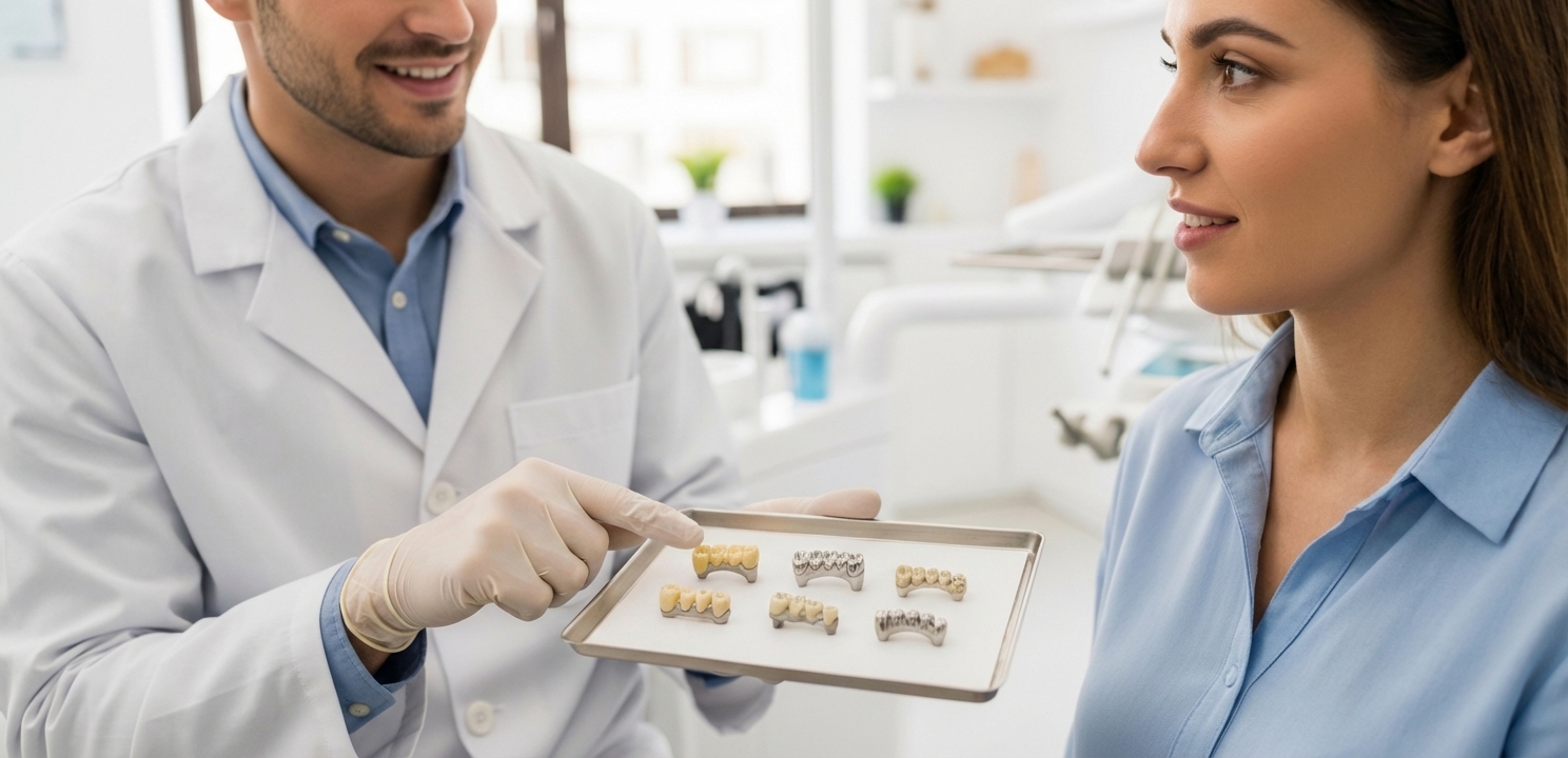 Dental Crowns Types and Prices are discussed between a dentist and patient.