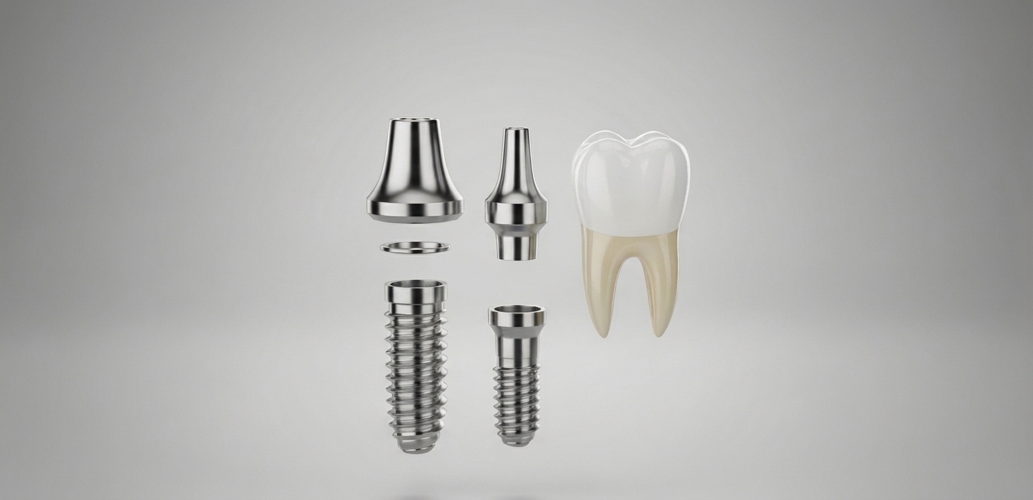 Dental Implants for Seniors showing the three main parts: the fixture, abutment, and crown.