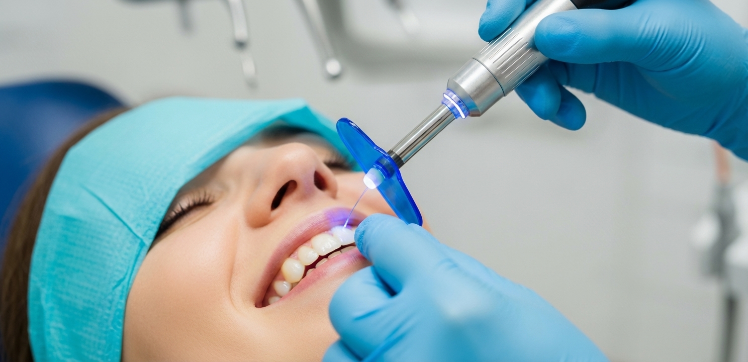 Dental Veneers being permanently bonded to a tooth with a curing light.