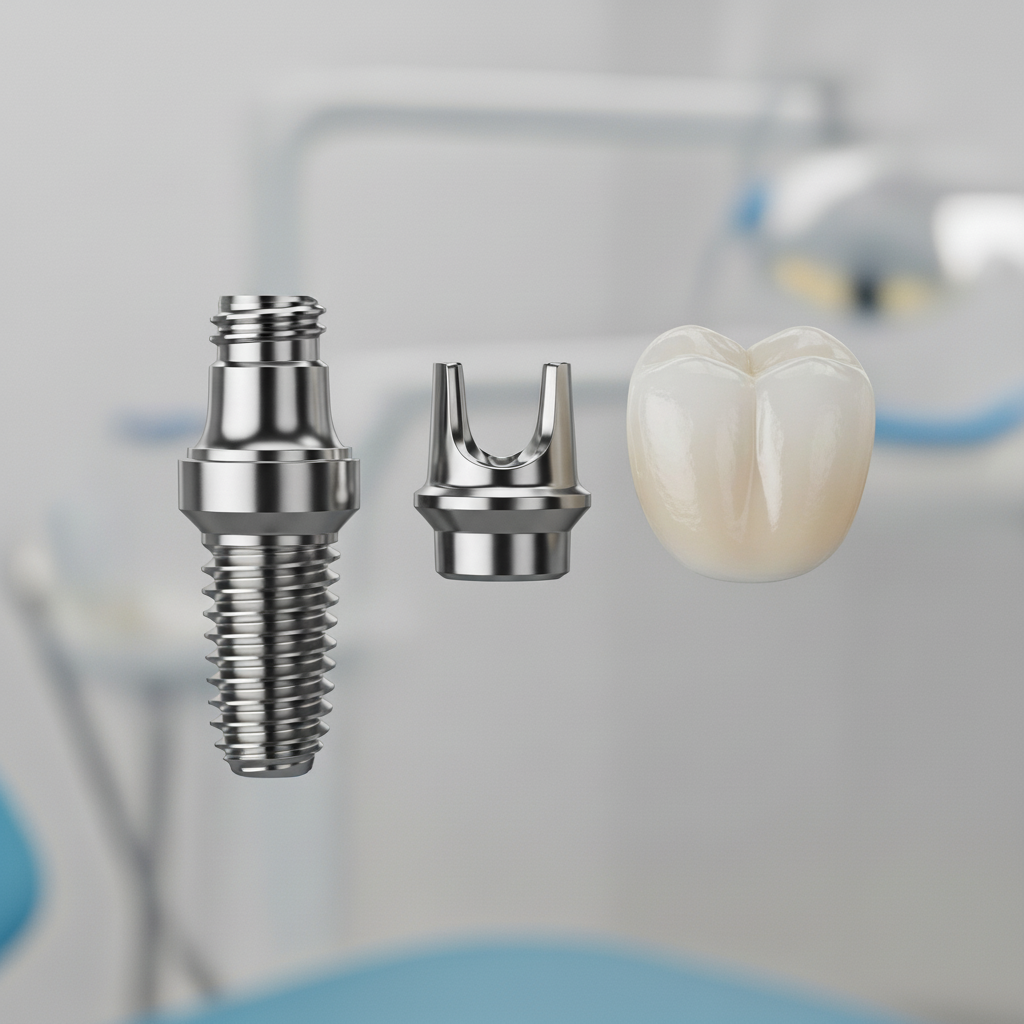 Dental Solution for Missing Teeth includes a titanium post, abutment, and custom crown
