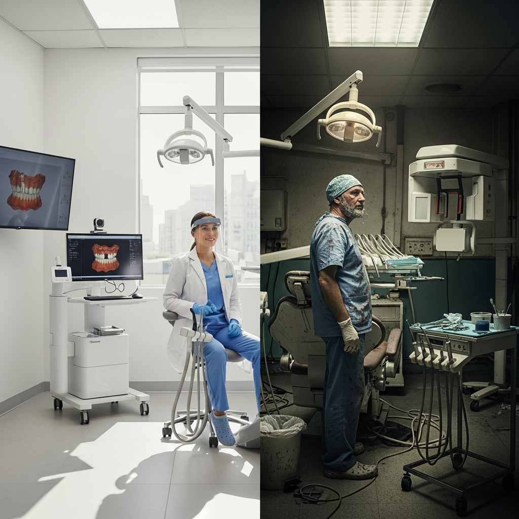 Cheap Dental Treatment Risks are evident when comparing a modern, sterile clinic to a questionable, unhygienic one