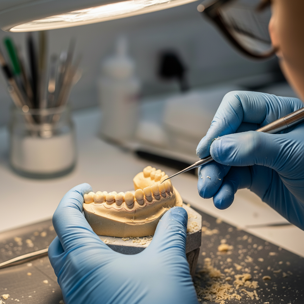 Natural Smile Design begins with a technician meticulously crafting a three-dimensional wax-up model
