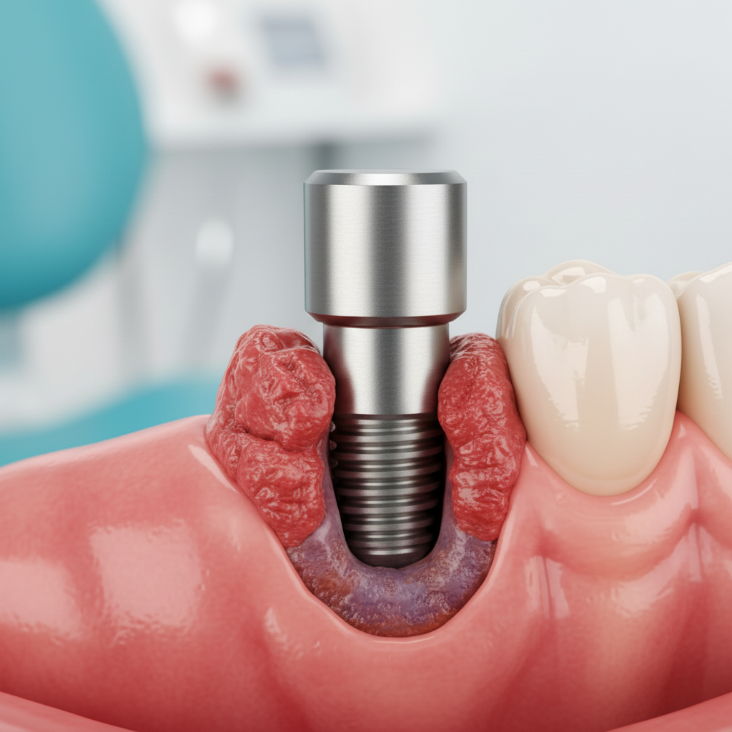 Failed Dental Implant showing inflamed, swollen gum tissue indicative of peri-implantitis and bone loss