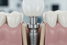 A close-up, photorealistic cross-section view of a dental implant, showing its titanium fixture firmly integrated into the jawbone, topped with an abutment and a realistic white crown. The background is a blurred medical setting.