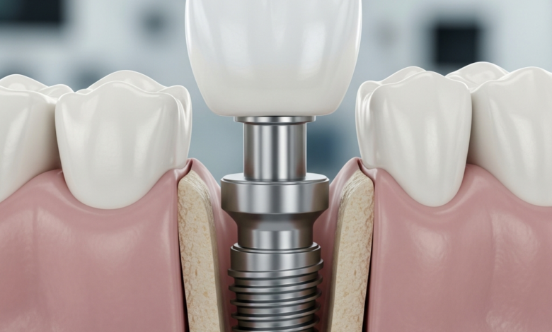 A close-up, photorealistic cross-section view of a dental implant, showing its titanium fixture firmly integrated into the jawbone, topped with an abutment and a realistic white crown. The background is a blurred medical setting.