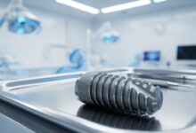 A close-up, photorealistic image of a single titanium dental implant, showcasing its screw-like threads, resting on a sterile surface in a blurred, modern dental office.