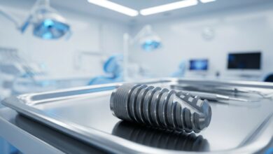 A close-up, photorealistic image of a single titanium dental implant, showcasing its screw-like threads, resting on a sterile surface in a blurred, modern dental office.
