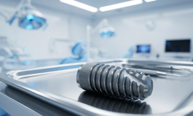 A close-up, photorealistic image of a single titanium dental implant, showcasing its screw-like threads, resting on a sterile surface in a blurred, modern dental office.