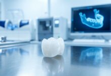A photorealistic close-up of a high-quality zirconia dental implant crown in a sterile, modern dental laboratory with a blurred digital scan of a jaw in the background, signifying advanced technology.