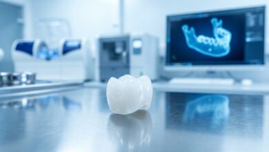 A photorealistic close-up of a high-quality zirconia dental implant crown in a sterile, modern dental laboratory with a blurred digital scan of a jaw in the background, signifying advanced technology.