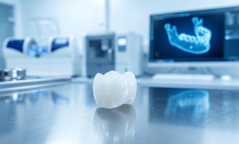A photorealistic close-up of a high-quality zirconia dental implant crown in a sterile, modern dental laboratory with a blurred digital scan of a jaw in the background, signifying advanced technology.