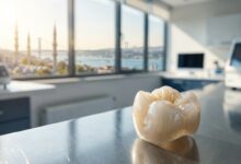 A close-up, photorealistic image of a ceramic dental implant crown sitting on a clean surface, with the blurred background of a modern dental clinic window overlooking Istanbul.