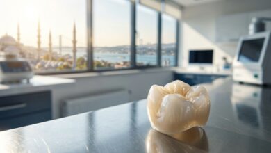 A close-up, photorealistic image of a ceramic dental implant crown sitting on a clean surface, with the blurred background of a modern dental clinic window overlooking Istanbul.