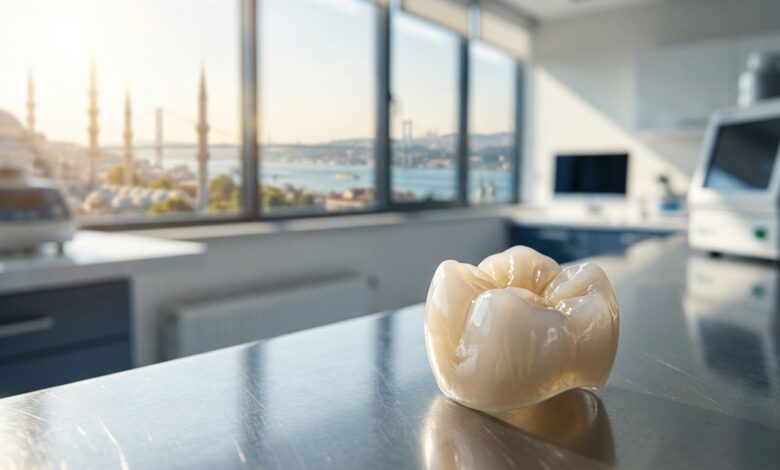 A close-up, photorealistic image of a ceramic dental implant crown sitting on a clean surface, with the blurred background of a modern dental clinic window overlooking Istanbul.