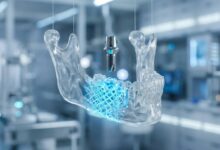 A detailed 3D rendering of a human jawbone with a glowing blue lattice representing a bone graft, preparing a strong foundation for a dental implant model positioned above it in a sterile, modern setting.