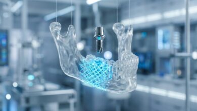 A detailed 3D rendering of a human jawbone with a glowing blue lattice representing a bone graft, preparing a strong foundation for a dental implant model positioned above it in a sterile, modern setting.