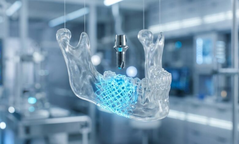 A detailed 3D rendering of a human jawbone with a glowing blue lattice representing a bone graft, preparing a strong foundation for a dental implant model positioned above it in a sterile, modern setting.