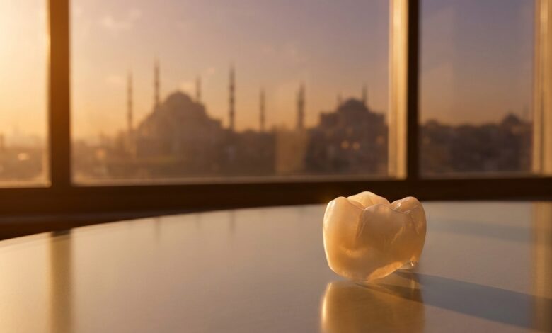A close-up, photorealistic image of a perfect white dental crown on a reflective surface, with the beautiful, out-of-focus skyline of Istanbul, Turkey, visible behind it during a warm sunset.