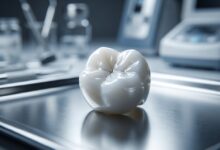 A photorealistic close-up of a cracked white ceramic dental crown on a clean surface, illustrating the hidden dangers of cheap dental procedures.