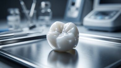A photorealistic close-up of a cracked white ceramic dental crown on a clean surface, illustrating the hidden dangers of cheap dental procedures.