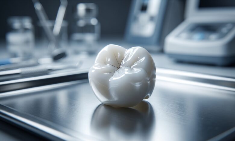 A photorealistic close-up of a cracked white ceramic dental crown on a clean surface, illustrating the hidden dangers of cheap dental procedures.