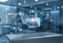 A photorealistic image of a high-tech 3D digital model of a human jaw on a screen, showing the precise placement of a dental implant. The background is a blurred, modern clinical setting, emphasizing the concept of advanced dental planning.