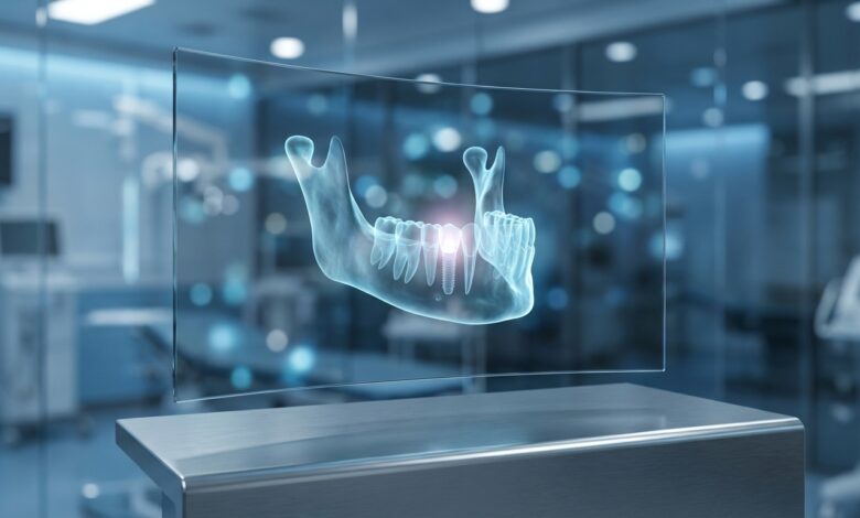 A photorealistic image of a high-tech 3D digital model of a human jaw on a screen, showing the precise placement of a dental implant. The background is a blurred, modern clinical setting, emphasizing the concept of advanced dental planning.