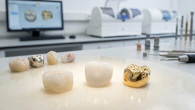 A photorealistic close-up of three distinct dental crowns—a translucent ceramic, a solid white zirconia, and a polished gold one—set against the blurred background of a modern dental lab.