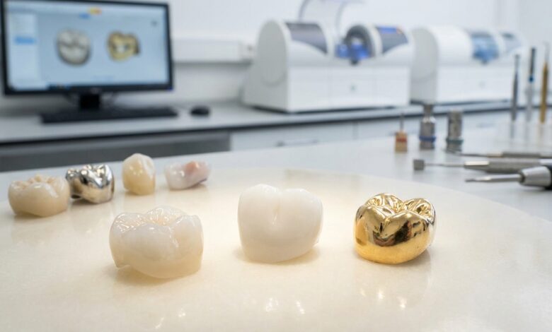 A photorealistic close-up of three distinct dental crowns—a translucent ceramic, a solid white zirconia, and a polished gold one—set against the blurred background of a modern dental lab.