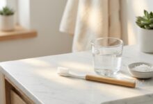A serene, photorealistic image of a soft-bristled toothbrush and a glass of water on a clean bathroom counter, symbolizing the gentle routine required for dental implant aftercare.