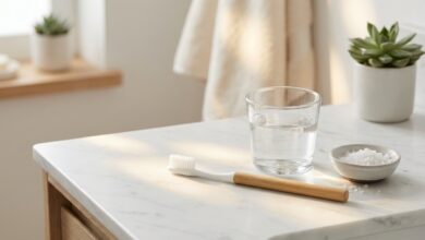 A serene, photorealistic image of a soft-bristled toothbrush and a glass of water on a clean bathroom counter, symbolizing the gentle routine required for dental implant aftercare.
