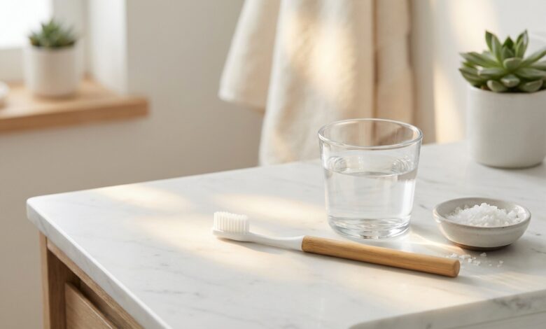 A serene, photorealistic image of a soft-bristled toothbrush and a glass of water on a clean bathroom counter, symbolizing the gentle routine required for dental implant aftercare.