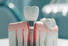 Close-up photorealistic image of a dental implant post anchored in stylized jawbone, with a subtle, diffuse reddish glow around the gum line, indicating potential inflammation or complication. A clean crown is visible on top, against a blurred clinical background.