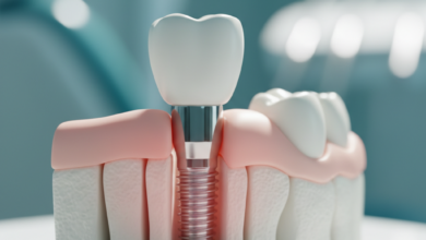 Close-up photorealistic image of a dental implant post anchored in stylized jawbone, with a subtle, diffuse reddish glow around the gum line, indicating potential inflammation or complication. A clean crown is visible on top, against a blurred clinical background.