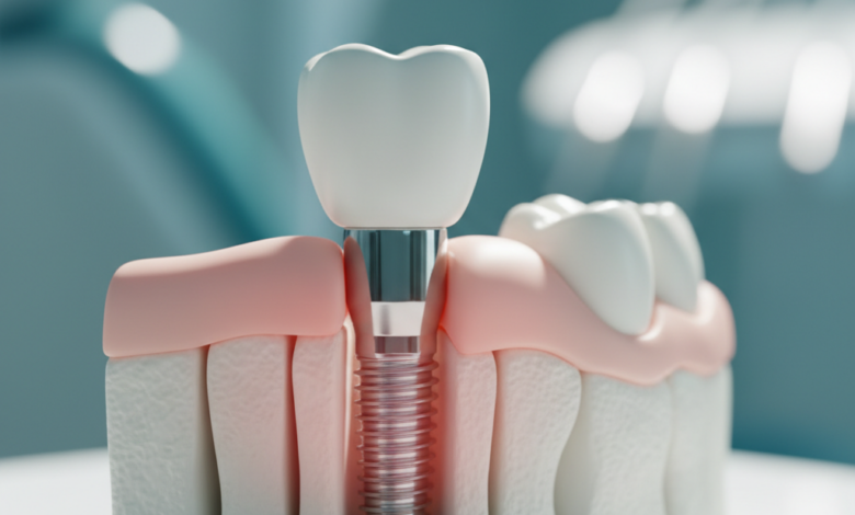 Close-up photorealistic image of a dental implant post anchored in stylized jawbone, with a subtle, diffuse reddish glow around the gum line, indicating potential inflammation or complication. A clean crown is visible on top, against a blurred clinical background.