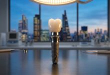 A close-up, photorealistic image of a complete dental implant, including the screw and crown, standing on a reflective surface in a modern dental office with a blurred city skyline in the background.