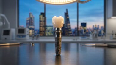 A close-up, photorealistic image of a complete dental implant, including the screw and crown, standing on a reflective surface in a modern dental office with a blurred city skyline in the background.