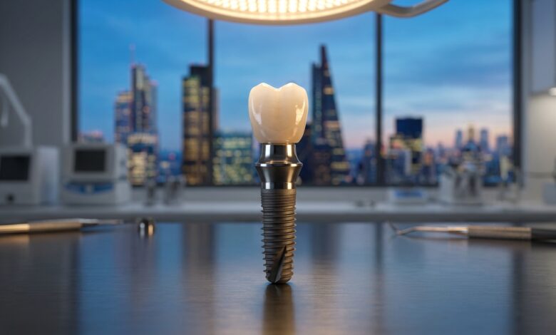 A close-up, photorealistic image of a complete dental implant, including the screw and crown, standing on a reflective surface in a modern dental office with a blurred city skyline in the background.