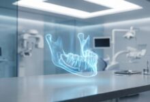 A photorealistic 3D digital model of a human jawbone glowing with a soft blue light, used for assessing dental implant eligibility in a modern, clean, out-of-focus clinical setting.