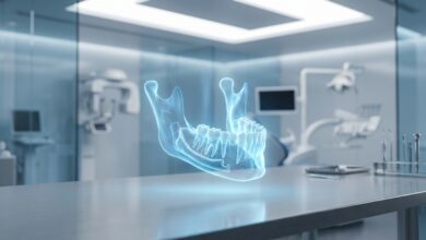 A photorealistic 3D digital model of a human jawbone glowing with a soft blue light, used for assessing dental implant eligibility in a modern, clean, out-of-focus clinical setting.