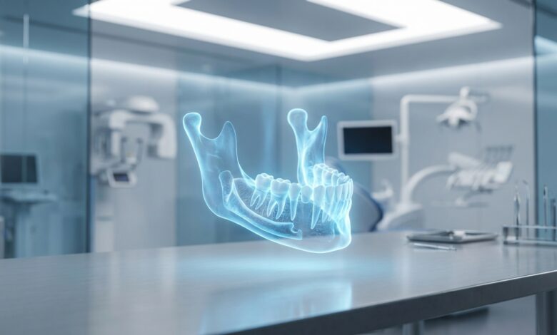 A photorealistic 3D digital model of a human jawbone glowing with a soft blue light, used for assessing dental implant eligibility in a modern, clean, out-of-focus clinical setting.