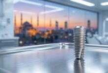 A close-up, detailed photorealistic image of a titanium dental implant, representing modern solutions for missing teeth, with a blurred city skyline in the background.