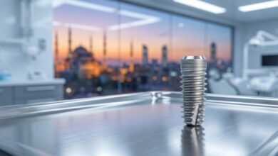 A close-up, detailed photorealistic image of a titanium dental implant, representing modern solutions for missing teeth, with a blurred city skyline in the background.
