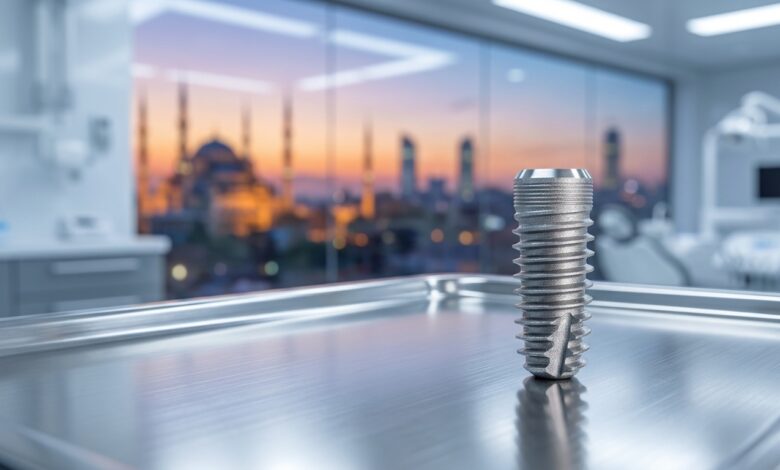 A close-up, detailed photorealistic image of a titanium dental implant, representing modern solutions for missing teeth, with a blurred city skyline in the background.