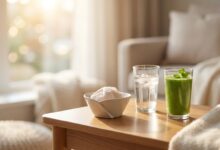 A photorealistic image of a quiet recovery setting, with a glass of water and a healthy smoothie in sharp focus on a table in a sunlit room, symbolizing post-operative dental care.