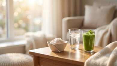 A photorealistic image of a quiet recovery setting, with a glass of water and a healthy smoothie in sharp focus on a table in a sunlit room, symbolizing post-operative dental care.