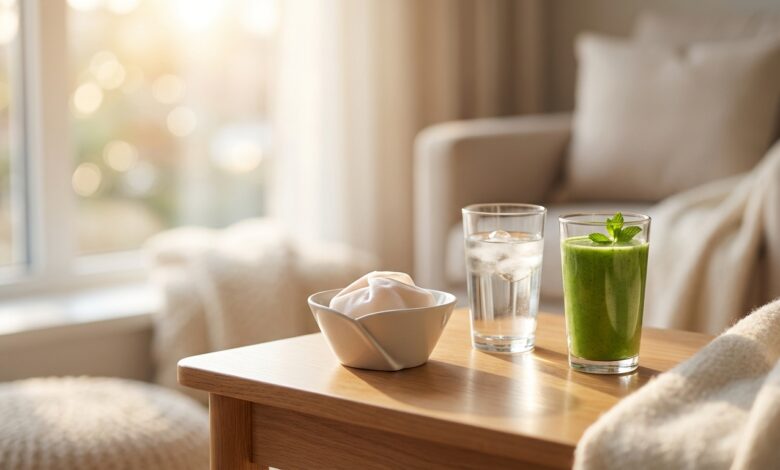 A photorealistic image of a quiet recovery setting, with a glass of water and a healthy smoothie in sharp focus on a table in a sunlit room, symbolizing post-operative dental care.
