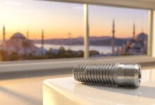 A close-up, photorealistic image of a sterile titanium dental implant. It rests on a glossy white surface in front of a window showing a blurred, out-of-focus sunrise view of the Istanbul skyline and the Bosphorus.