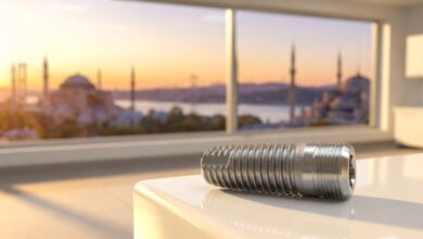 A close-up, photorealistic image of a sterile titanium dental implant. It rests on a glossy white surface in front of a window showing a blurred, out-of-focus sunrise view of the Istanbul skyline and the Bosphorus.